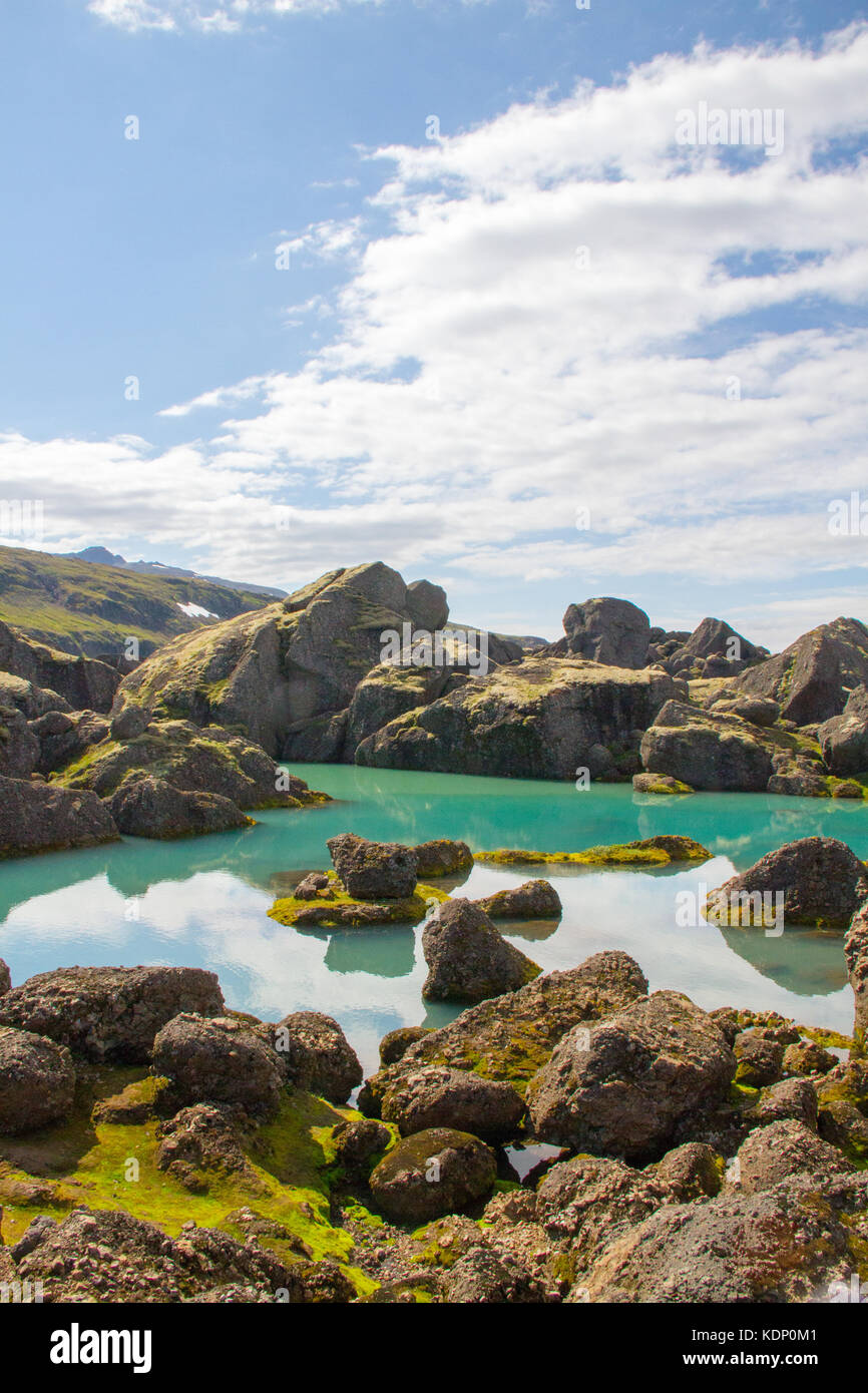 Boulder che sorge fuori del riflettente piscina verde, Stórurð (i giganteschi massi), Islanda Foto Stock