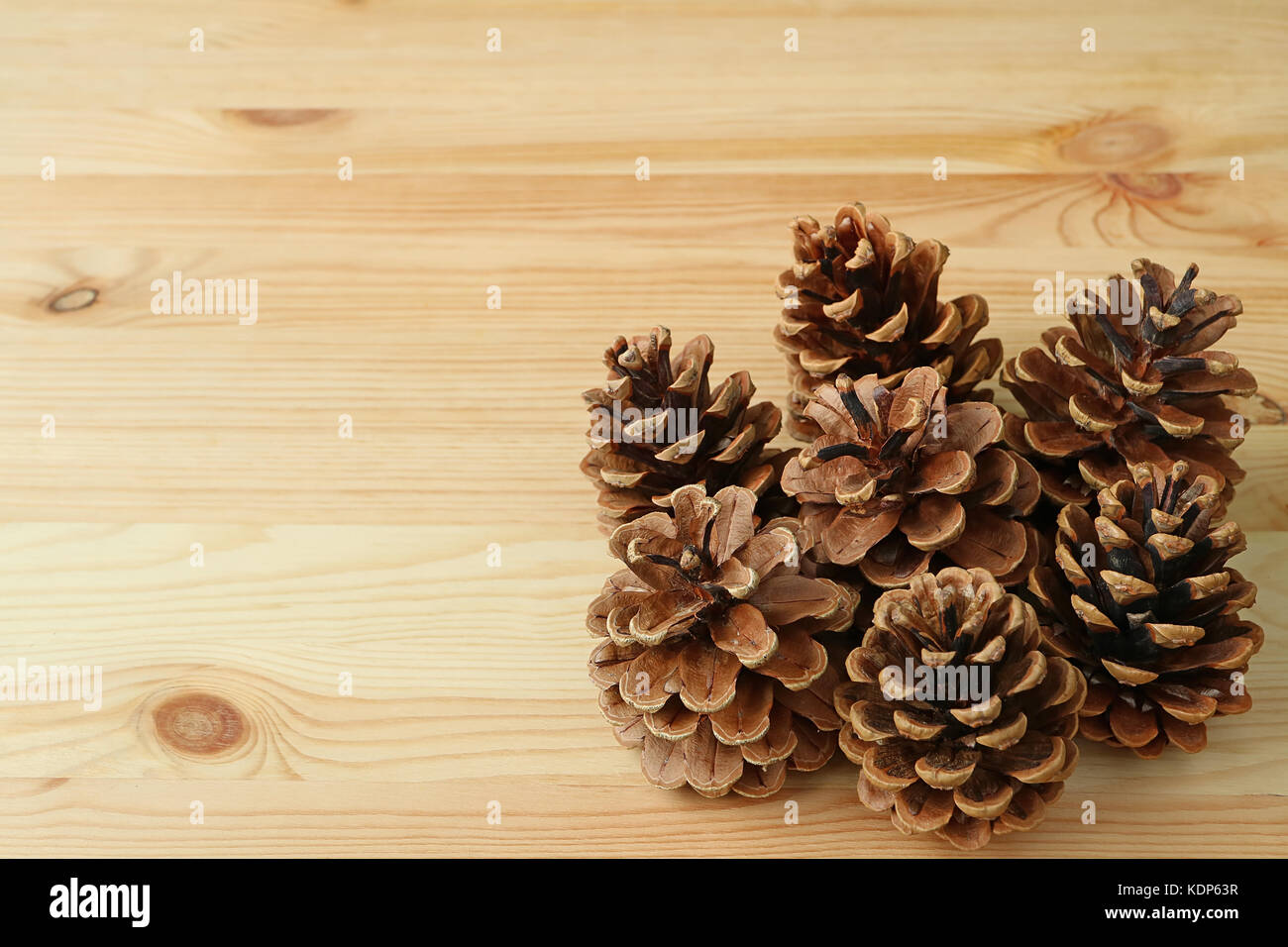 Molti di Natural dry pigne sul marrone chiaro Tavolo in legno con spazio libero per il testo o per la progettazione Foto Stock