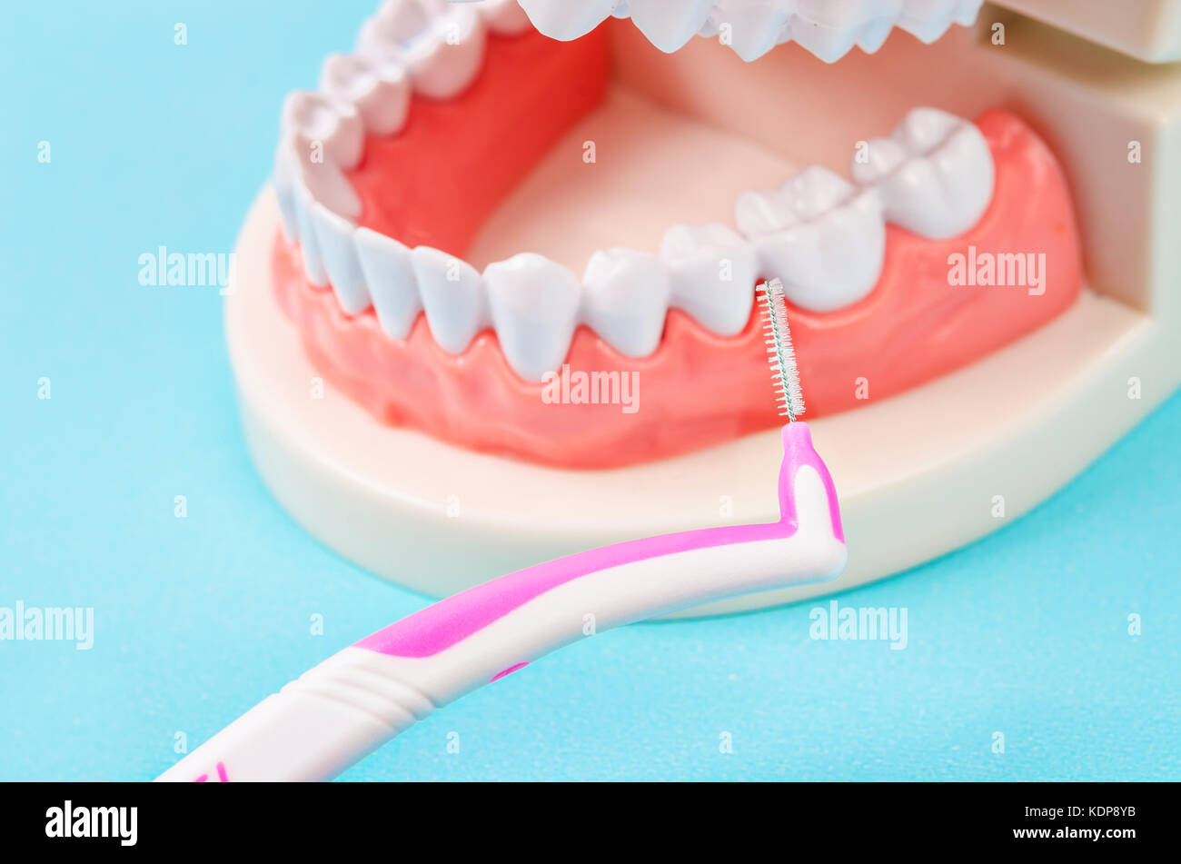 Spazzolino interdentale con la dentiera in laboratorio odontotecnico. Foto Stock