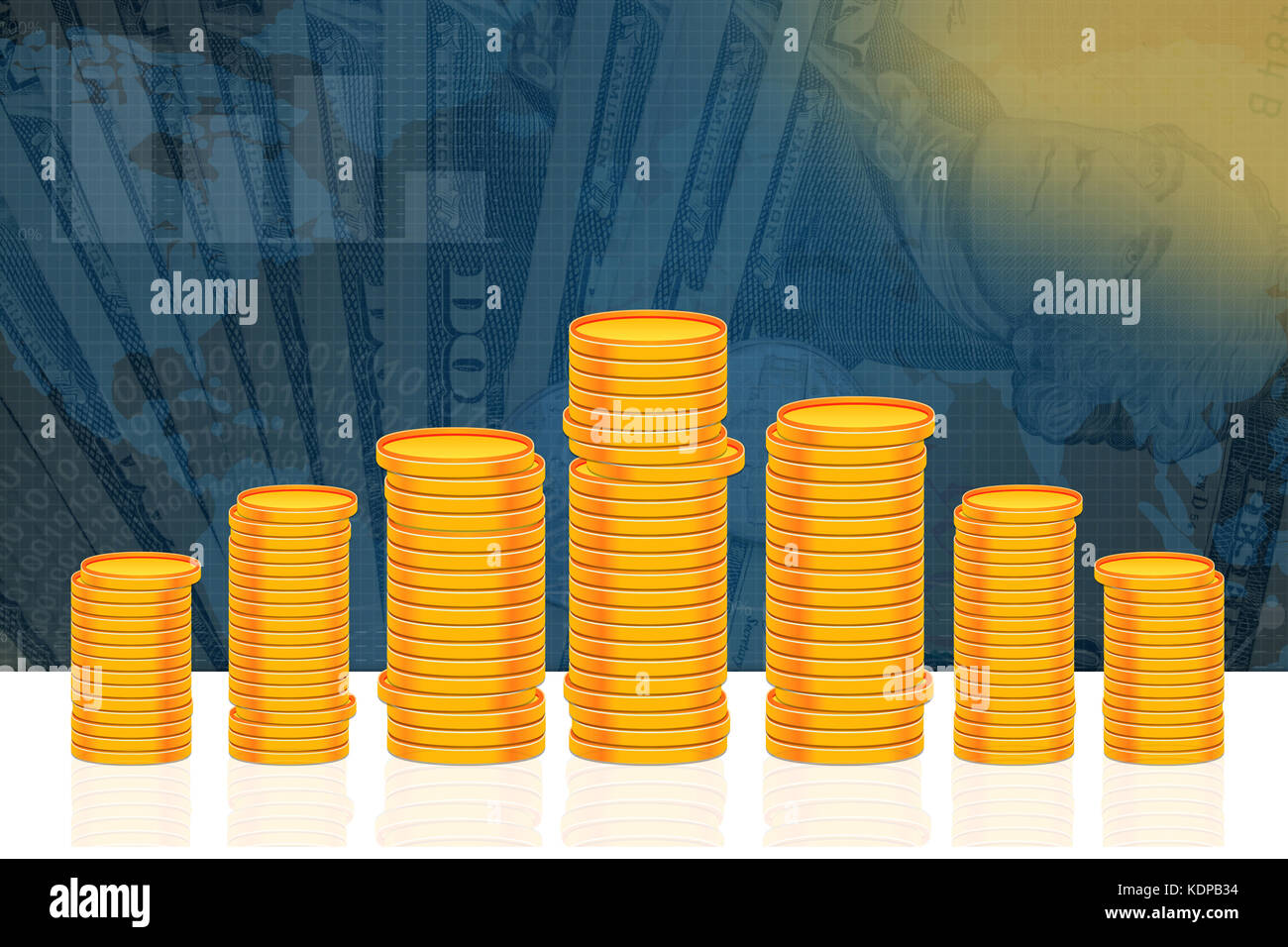 Affari e finanza sfondo blu con la pila di monete d'oro. Foto Stock