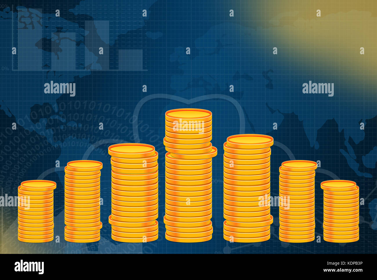 Affari e finanza sfondo blu con la pila di monete d'oro. Foto Stock