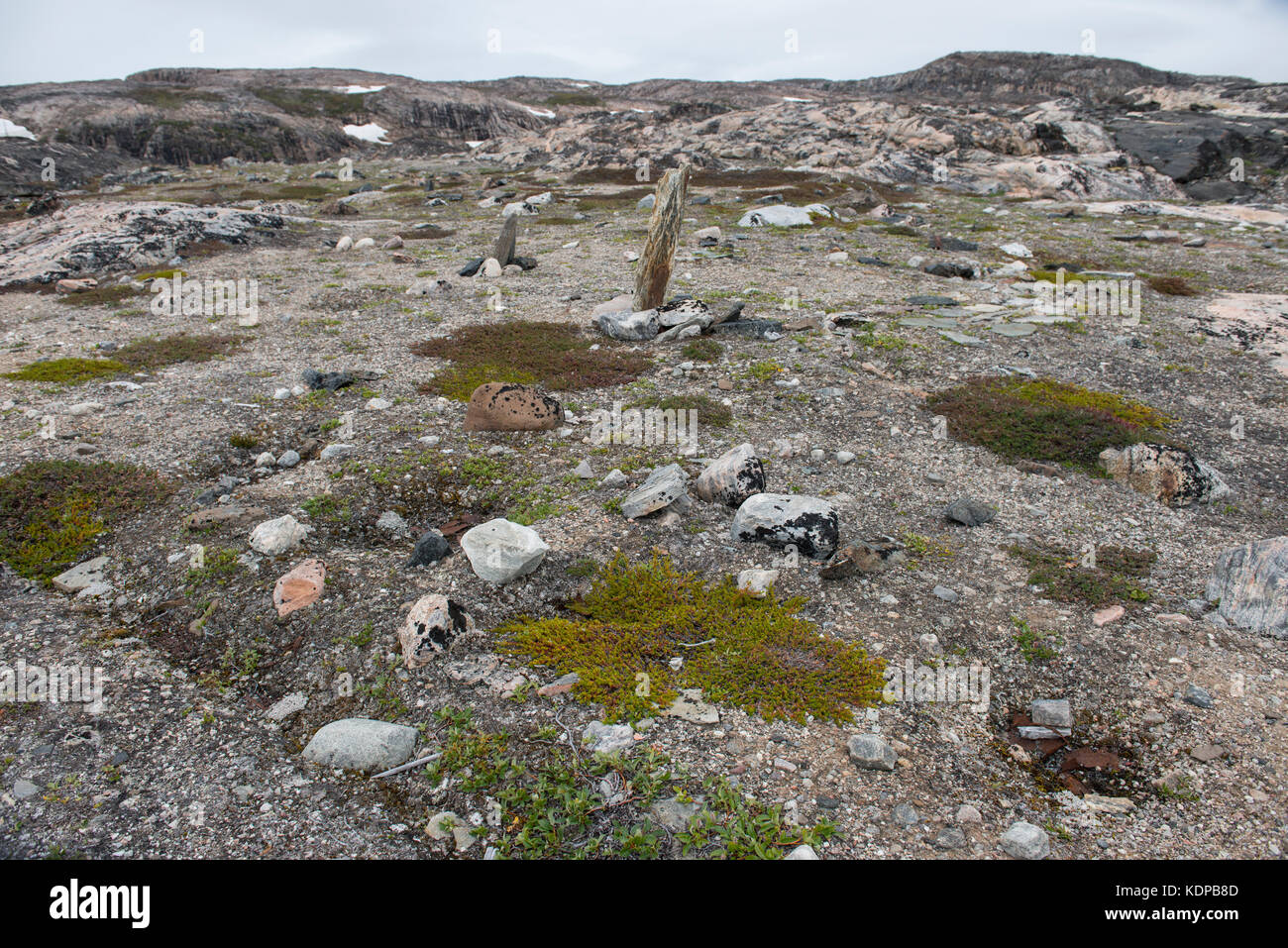 La Groenlandia, scoresbysund aka Scoresby Sund, hekla havn, danmark o. le rovine di 200 anno vecchio inuit gli anelli della tenda. Foto Stock