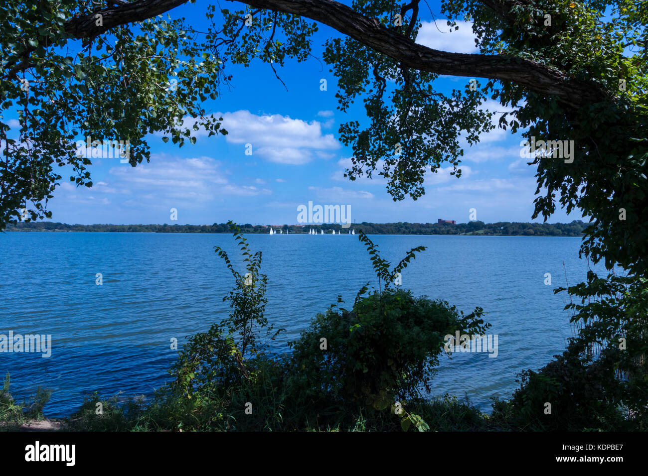 Barca a vela regata nella distanza dalla riva del lago White Rock in un assolato pomeriggio di estate Foto Stock