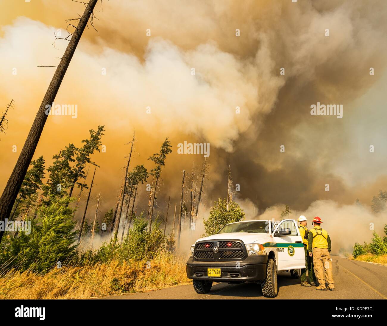 Backcountry vigili del fuoco conferiscono al di sotto di una ondeggianti colonna di fumo dal complesso di jones incendio di foresta bruciato nell'willamette national forest agosto 19, 2017 vicino al fiume azzurro, Oregon. Foto Stock
