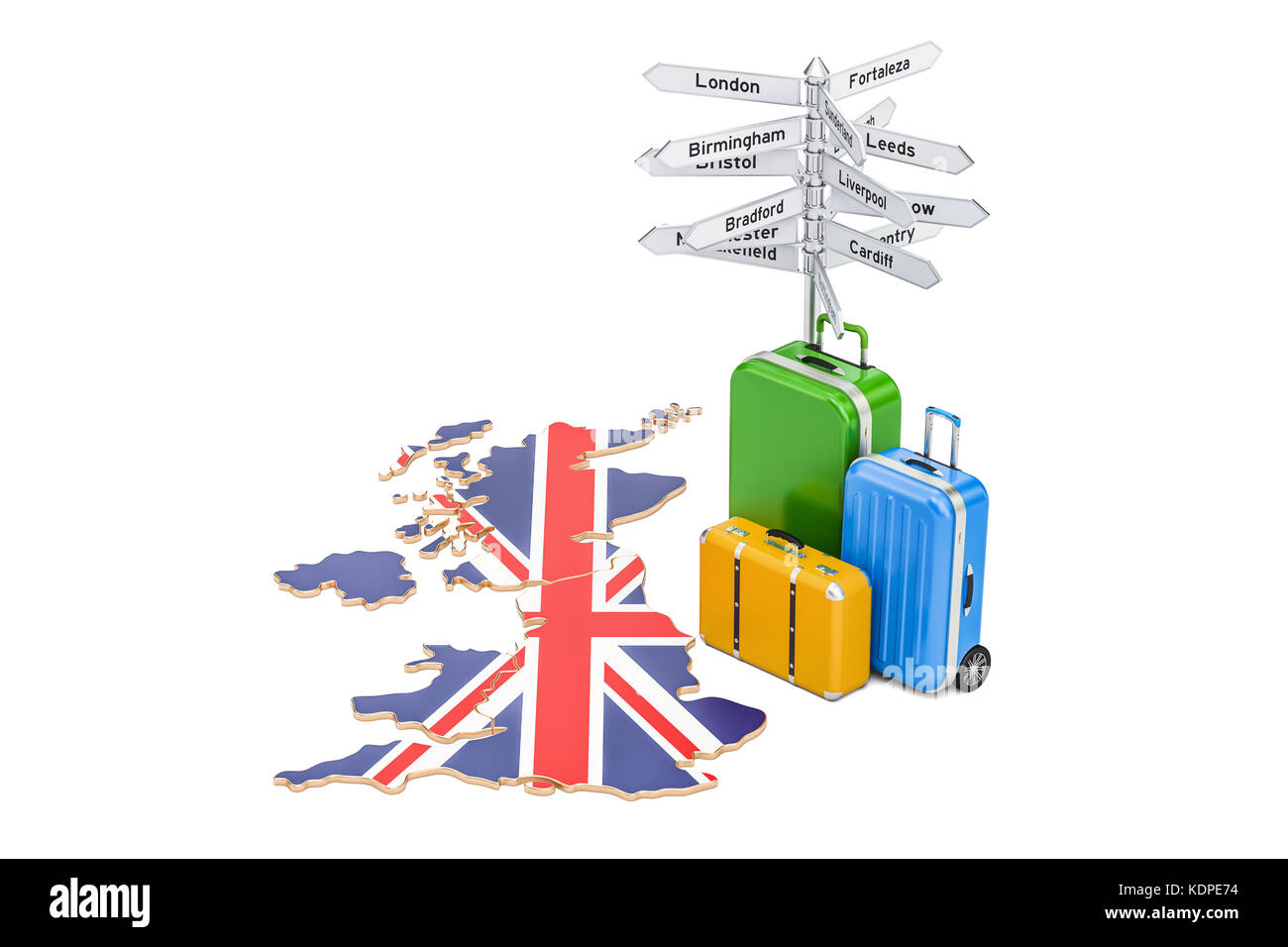 Regno Unito concetto di viaggio. Bandiera britannica sulla mappa con le valigie e segnaletica, rendering 3D Foto Stock