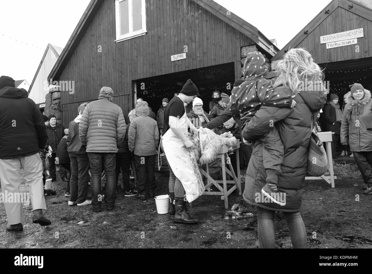 Eidi Village, Isola di Eysturoy, Isole Faroe, 14 ottobre 2017. Gli abitanti dei villaggi faroesi osservano la tradizionale dimostrazione di macellazione delle pecore al locale festival di Heystfagnadur Foto Stock