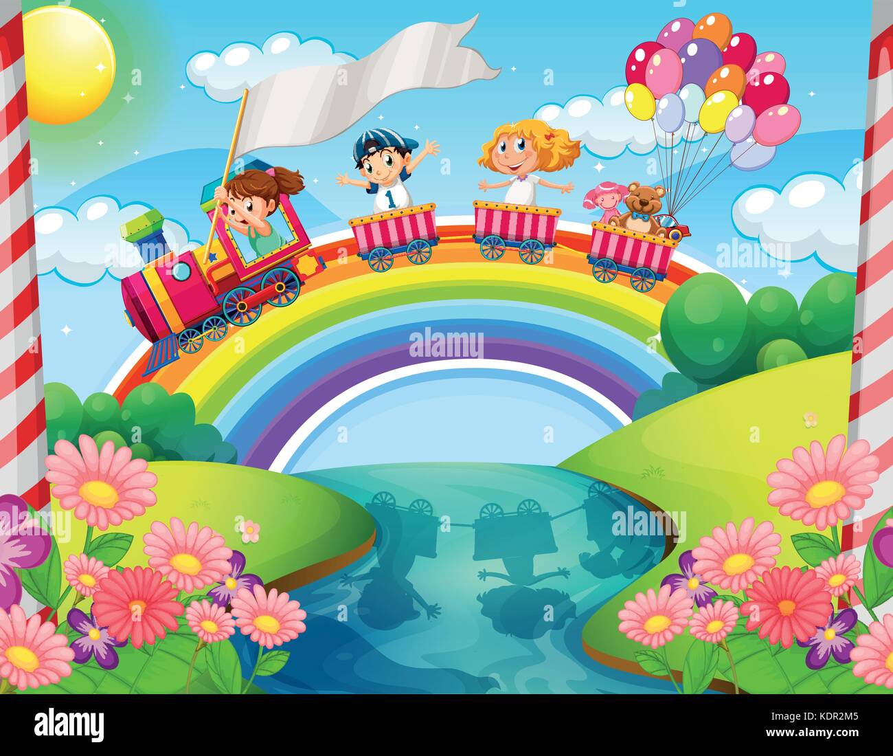 Equitazione per bambini sul treno su rainbow illustrazione Illustrazione Vettoriale