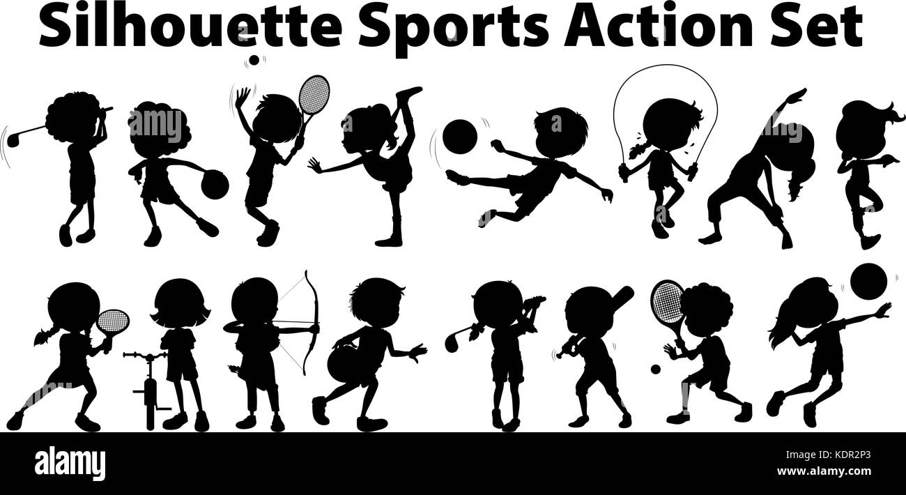 Silhouette sport e azione impostata su sfondo bianco illustrazione Illustrazione Vettoriale