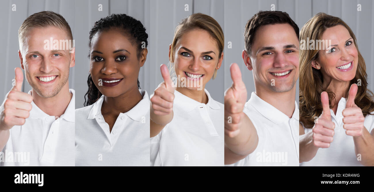 Collage di sorridere multi-etnico giovani mostra pollice in alto Foto Stock