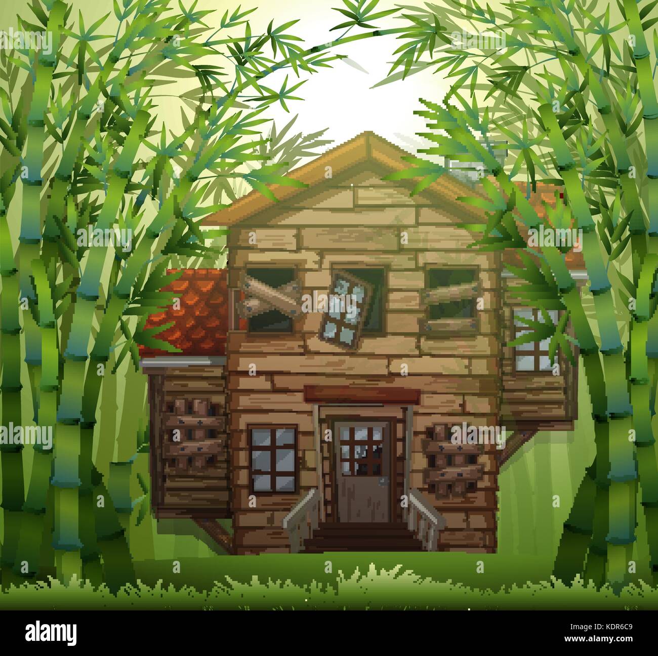 Vecchia casa in legno nella foresta di bamboo illustrazione Illustrazione Vettoriale