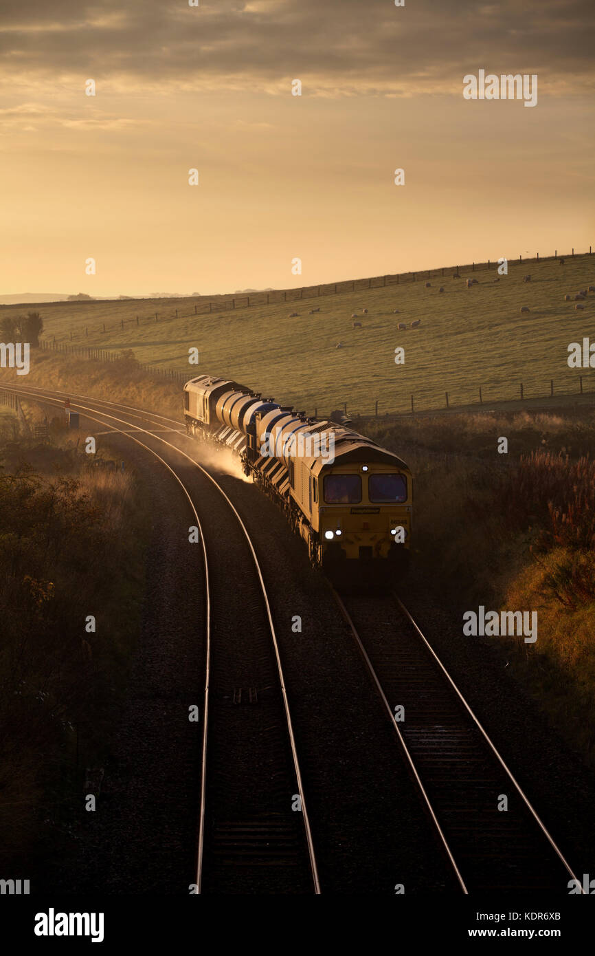 Una rete ferrovia del fungo della rotaia del treno di trattamento, lavaggio le foglie dal fungo della rotaia passa Clapham (Yorkshire) trainati da dirigere i servizi ferroviari di classe 66's Foto Stock