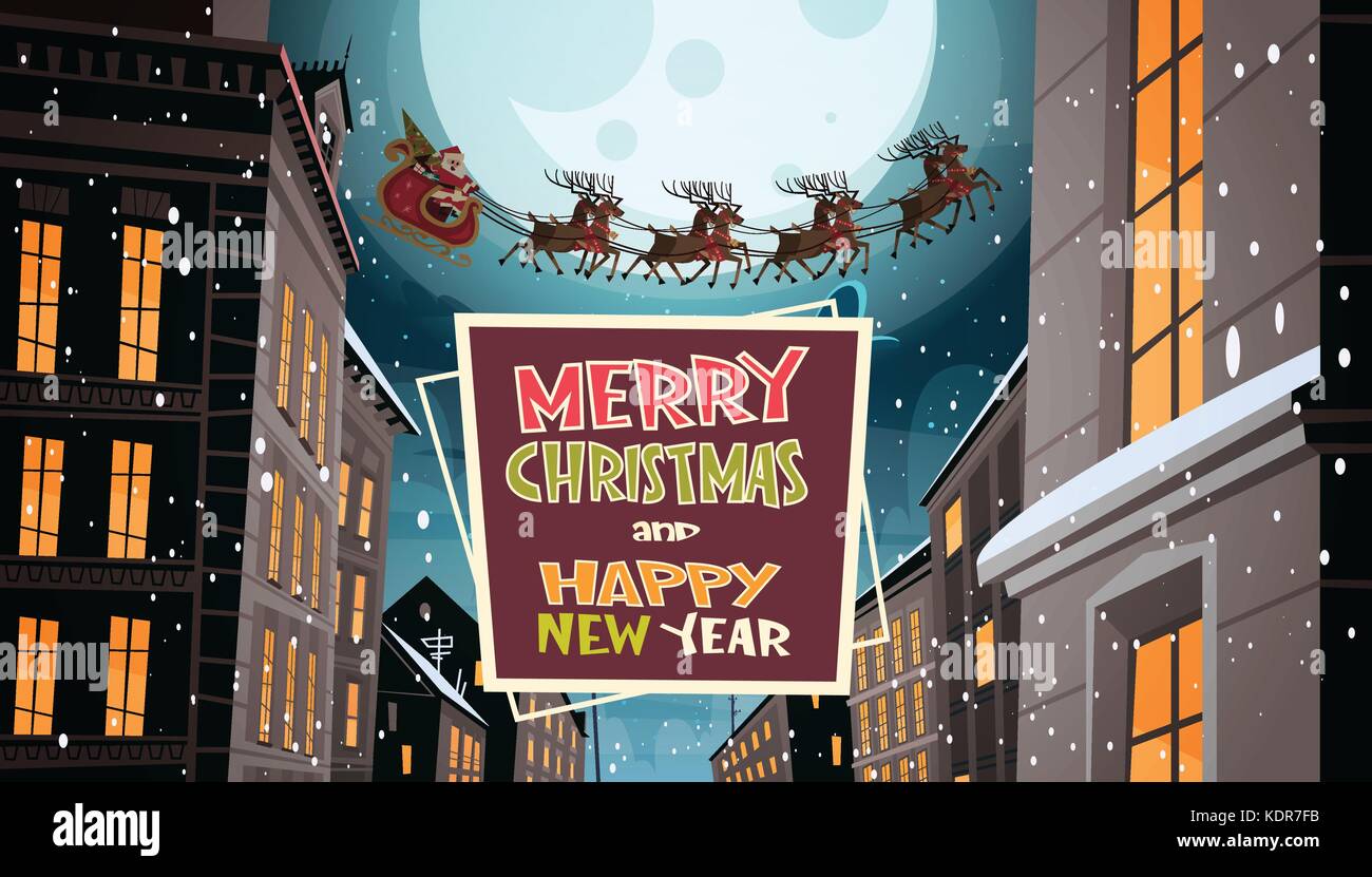 Santa battenti in slitta con le renne nel cielo notturno sulla città, buon Natale e felice anno nuovo biglietto di auguri vacanze invernali concetto banner Illustrazione Vettoriale