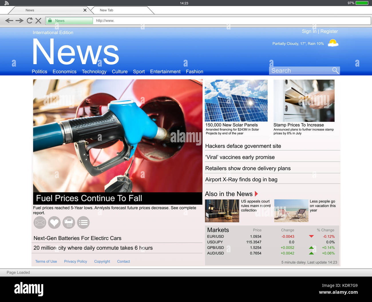 Close-up di tavoletta digitale con visualizzazione di notizie online su Browser Application Foto Stock