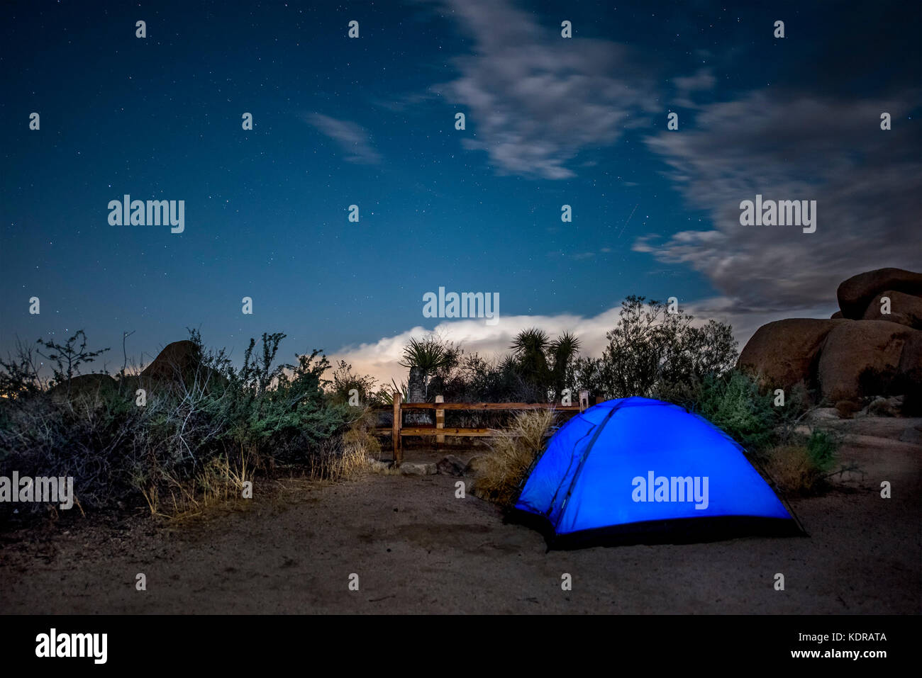 Un campeggio nel deserto del Mojave mostra una tenda blu illuminata mentre i campeggiatori si preparano a chiamarla una notte. Foto Stock