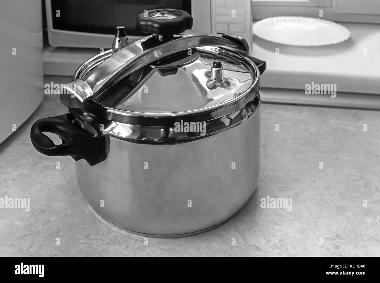 Ampio tegame con coperchio conveniente per la rapida cottura con vapore ad alta pressione. Foto Stock