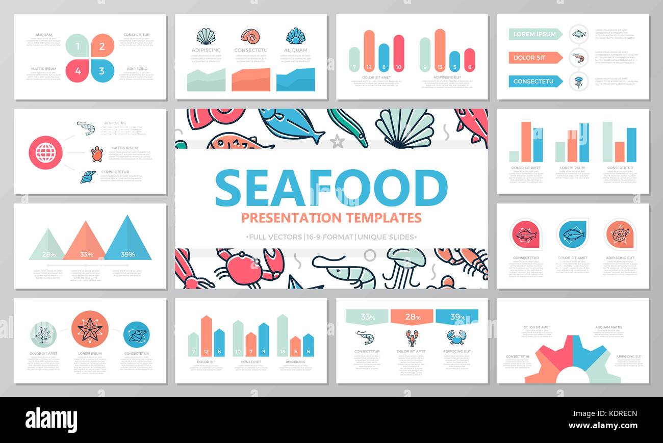 Set di pesce e frutti di mare elementi per multiuso modello di presentazione diapositive con grafici e tabelle. foglietto, relazione corporate marketing, pubblicità, relazione annuale, per la copertina del libro di design. Illustrazione Vettoriale