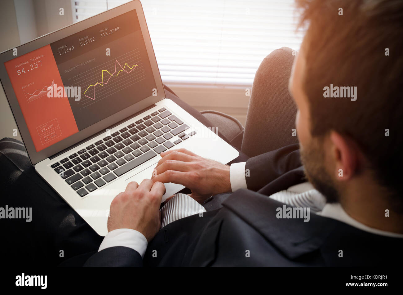 Imprenditore utilizzando laptop. banca online account access sullo schermo. business notebook cerca lavoro job della Banca Ufficio concetto internet Foto Stock