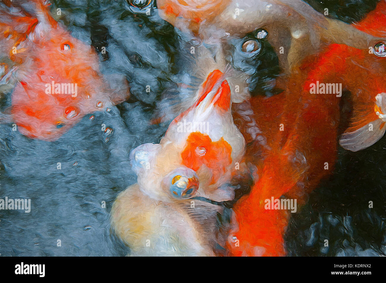 Goldfish emerge dall'acqua di ripple. La pittura digitale del pesciolino. Digital pennellata di goldfish. Foto Stock