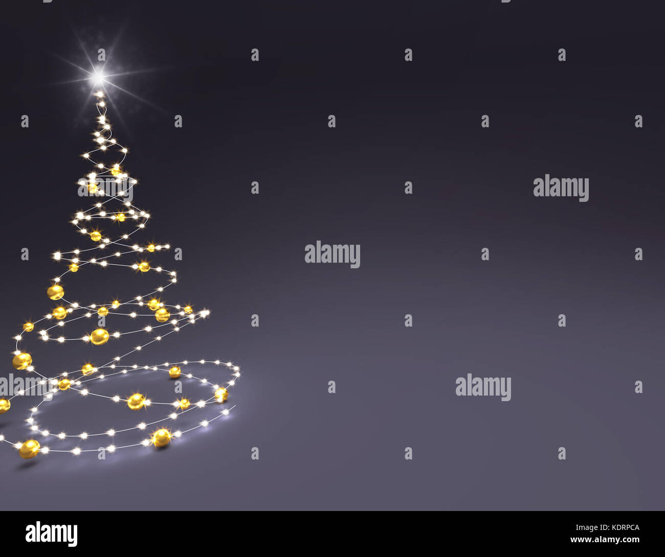 Albero di natale illustrato con le stringhe di luce e oro palle di Natale su uno sfondo nero - 3d illustrazione Foto Stock