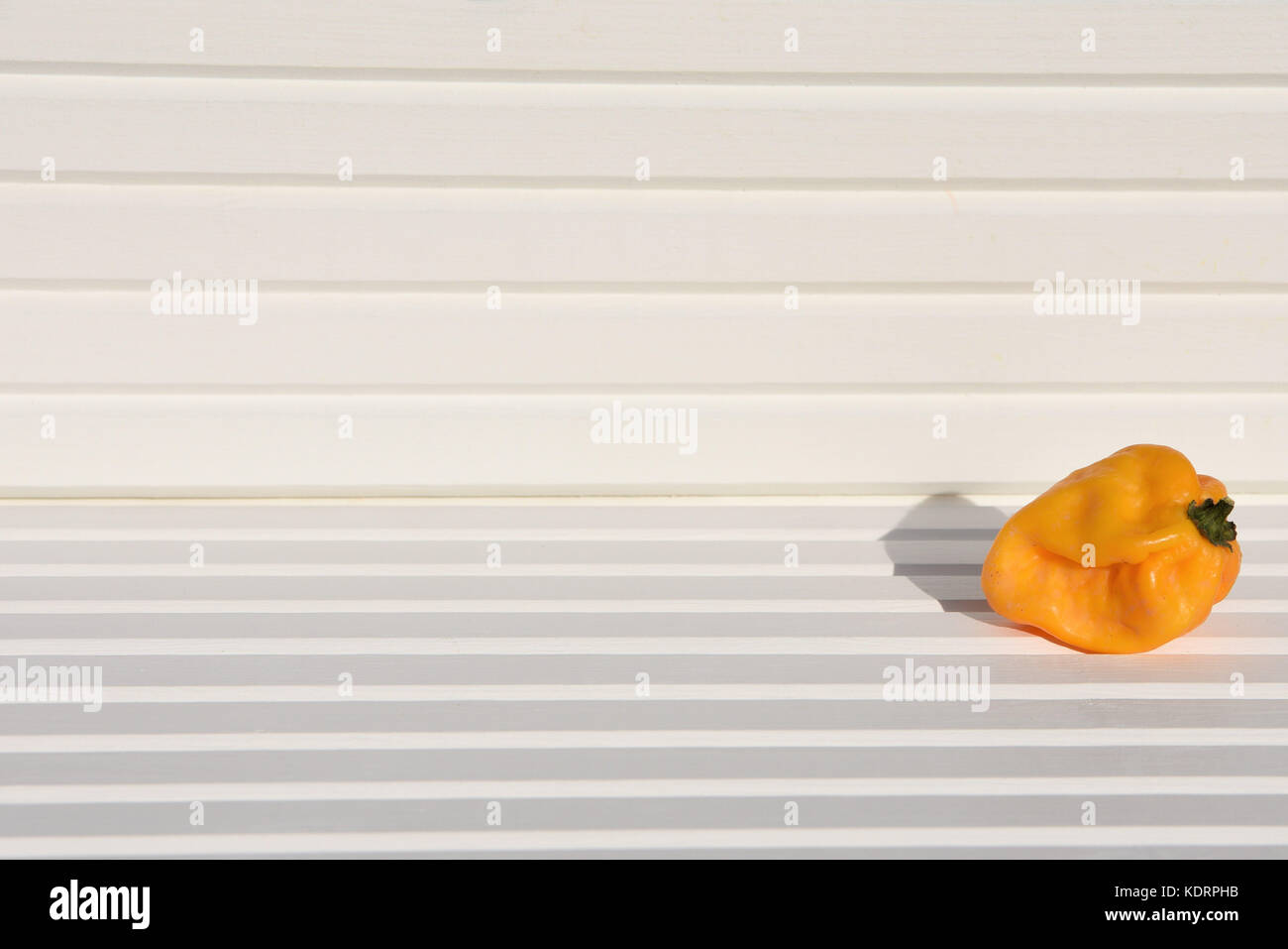Fotografia di cibo di immagine giallo arancione Scotch Bonnet peperoncini rossi al sole con legno bianco sfondo naturale e prese sulla costa Sud Inghilterra REGNO UNITO Foto Stock