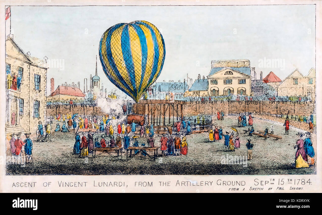 Vincenzo LUNARDI (1759-1806) diplomatico e balloonista italiano. Incisione della sua ascesa dal Suolo di artiglieria, Londra, 15 settembre 1784. Foto Stock