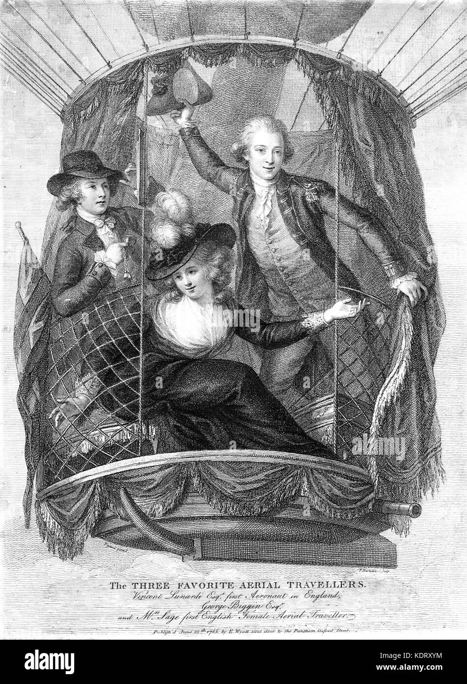 Vincenzo LUNARDI (1759-1806) diplomatico e balloonista italiano. La sua ascesa il 29 giugno 1785 da St George's Fields, Londra, con il suo assistente George Biggin e la signora Letitia Sage Foto Stock