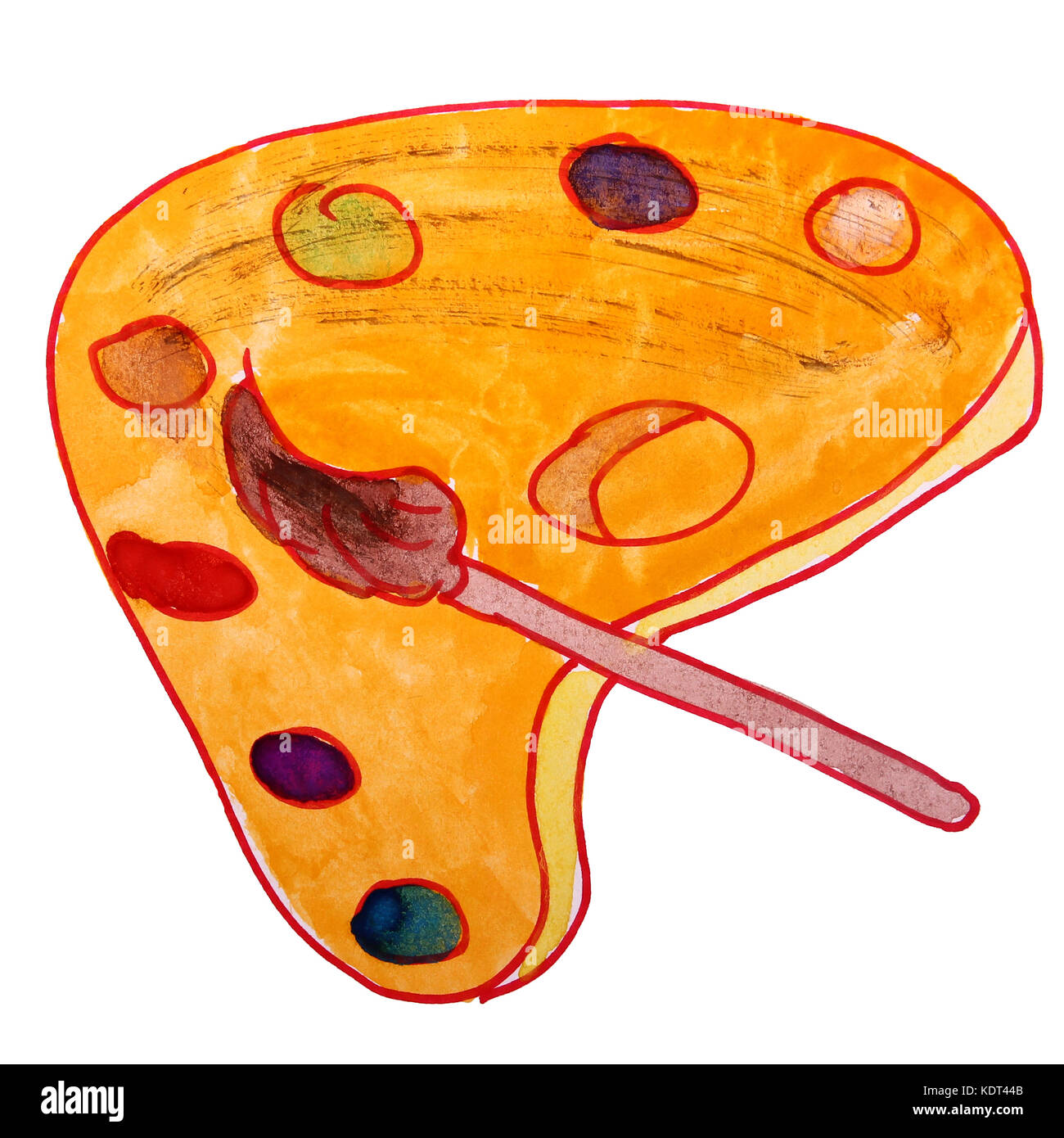 Disegno di un bambini acquerello tavolozza, orange cartoon su un bianco Foto Stock