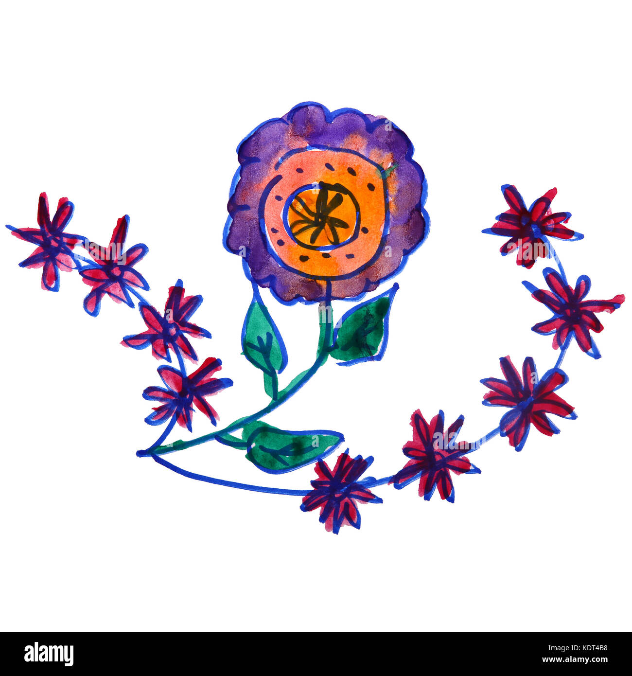 Disegno ad acquerello per bambini fiore, cartoon campo su un backgro bianco Foto Stock
