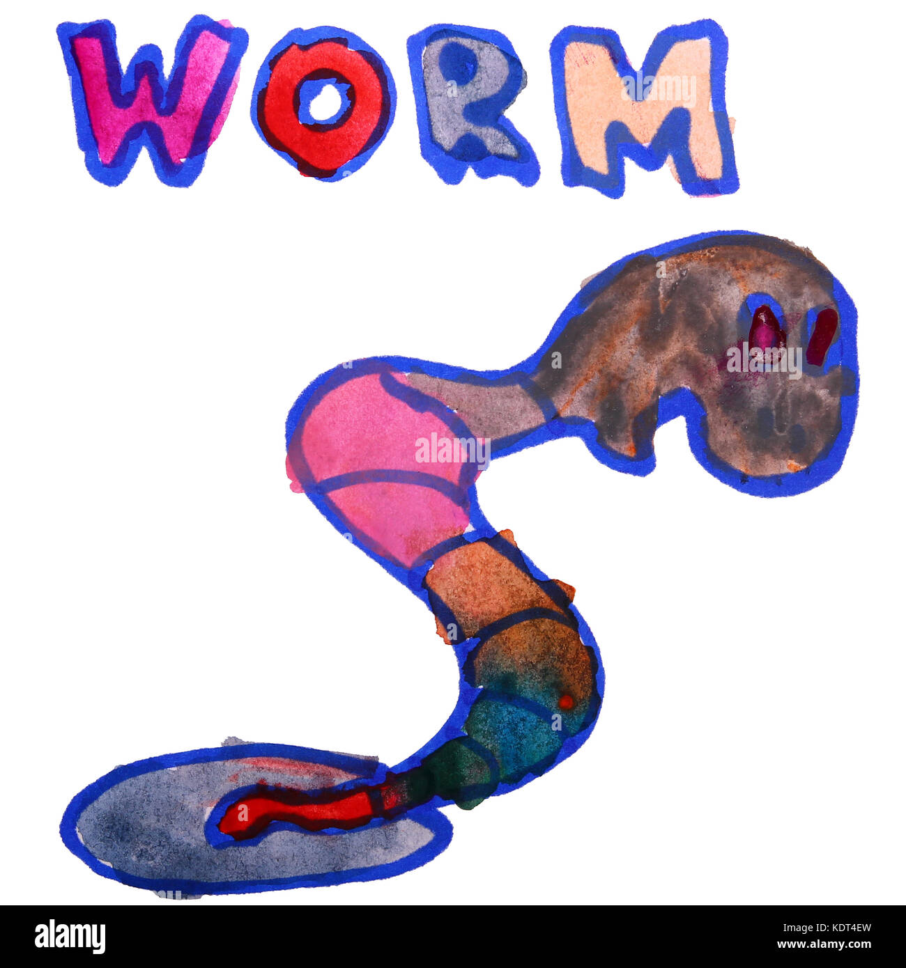 Disegno ad acquerello kids cartoon worm su sfondo bianco Foto Stock