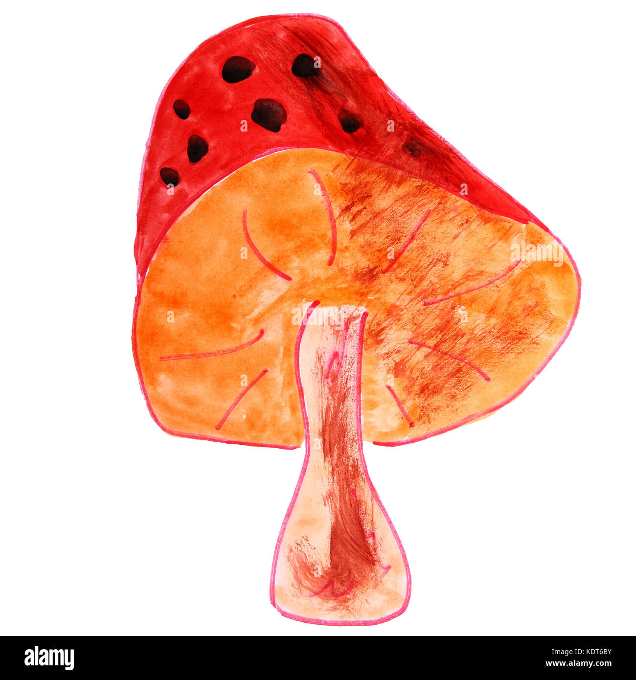 Disegno ad acquerello un cartone animato per bambini fungo su un bianco backgr Foto Stock