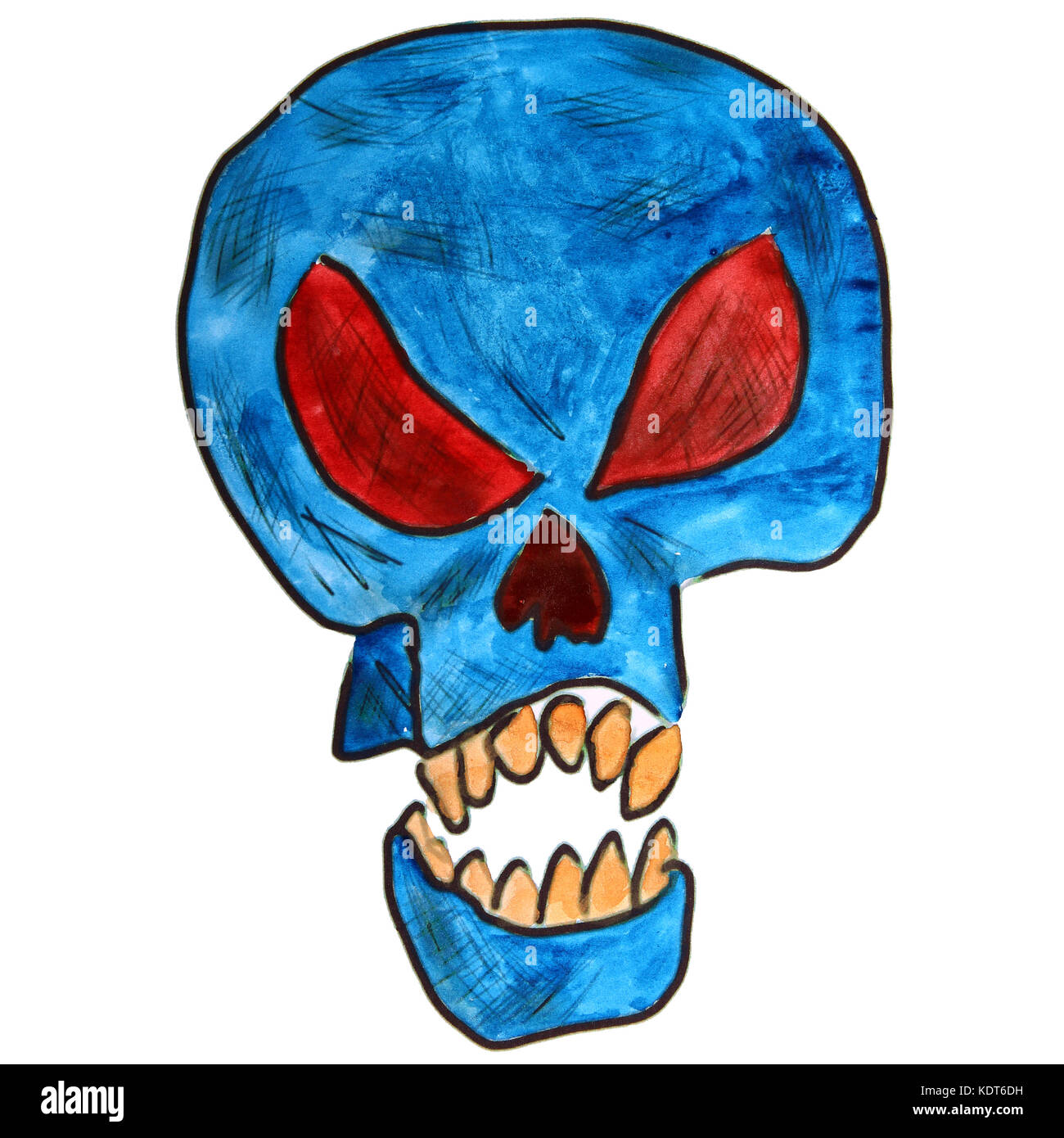 Disegno ad acquerello kids cartoon skull su sfondo bianco Foto Stock