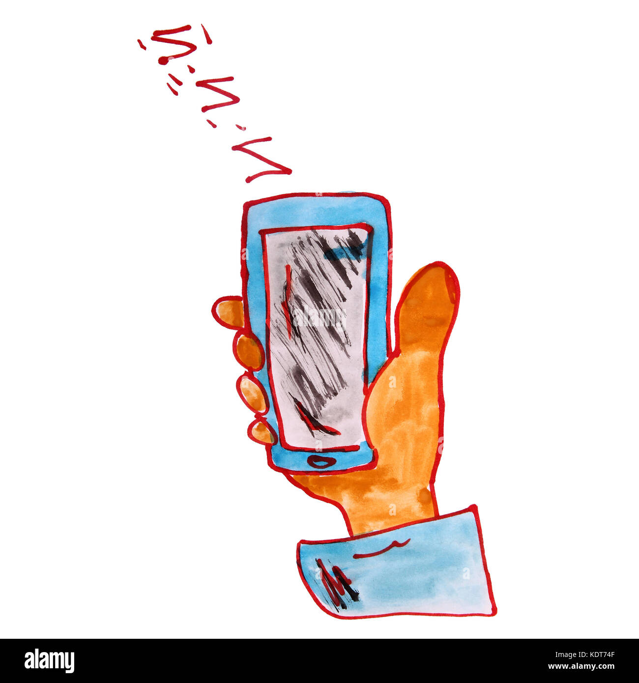 Acquerello smart phone touch mano trattiene il disegno in stile cartoon è Foto Stock