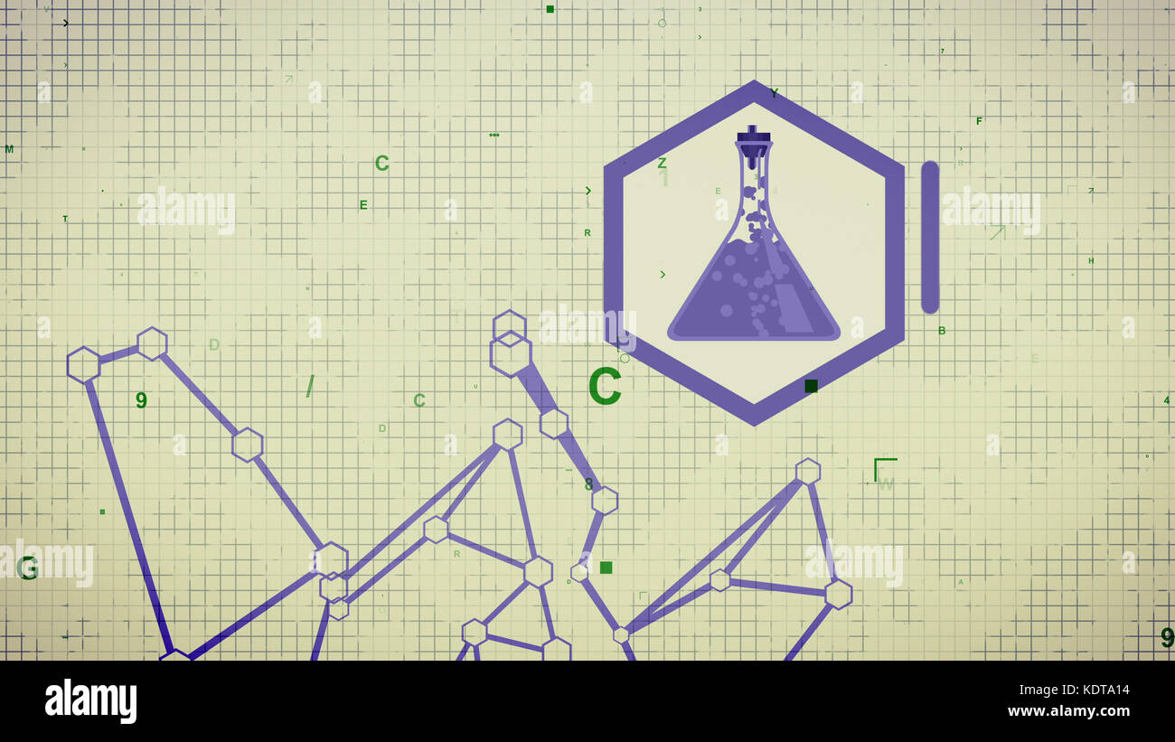 Creative 3d illustrazione di un abstract laboratorio chimico con una lunga triangolare pallone di vetro posto all'interno di alcuni sexangle con alcuni blu scuro liqu Foto Stock