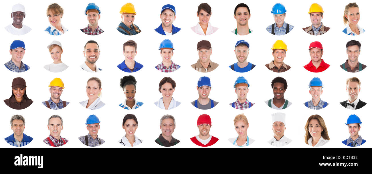 Gruppo professionale di lavoratori in uniforme su sfondo bianco Foto Stock