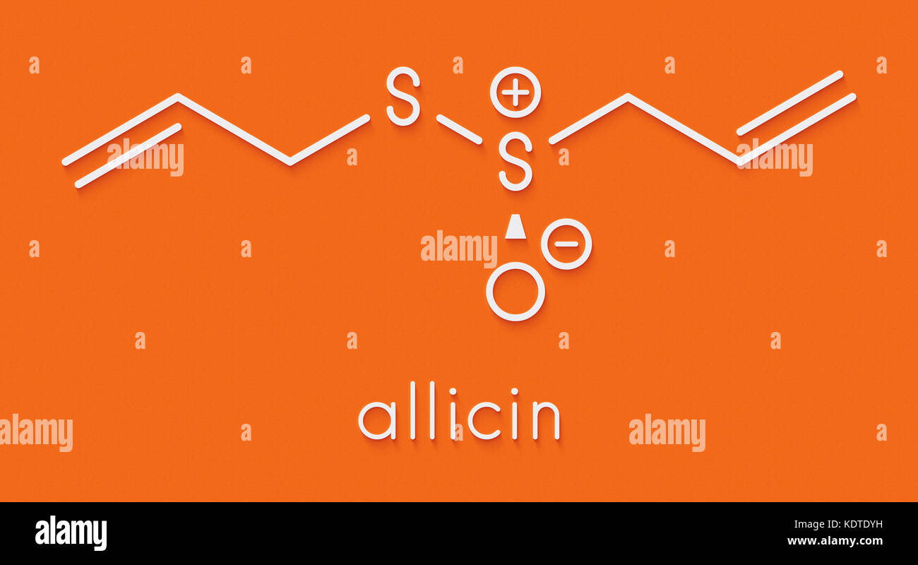 Aglio allicin molecola. formato da alliin dall'enzima alliinase. ritiene di avere un certo numero di effetti positivi sulla salute. formula scheletrico. Foto Stock