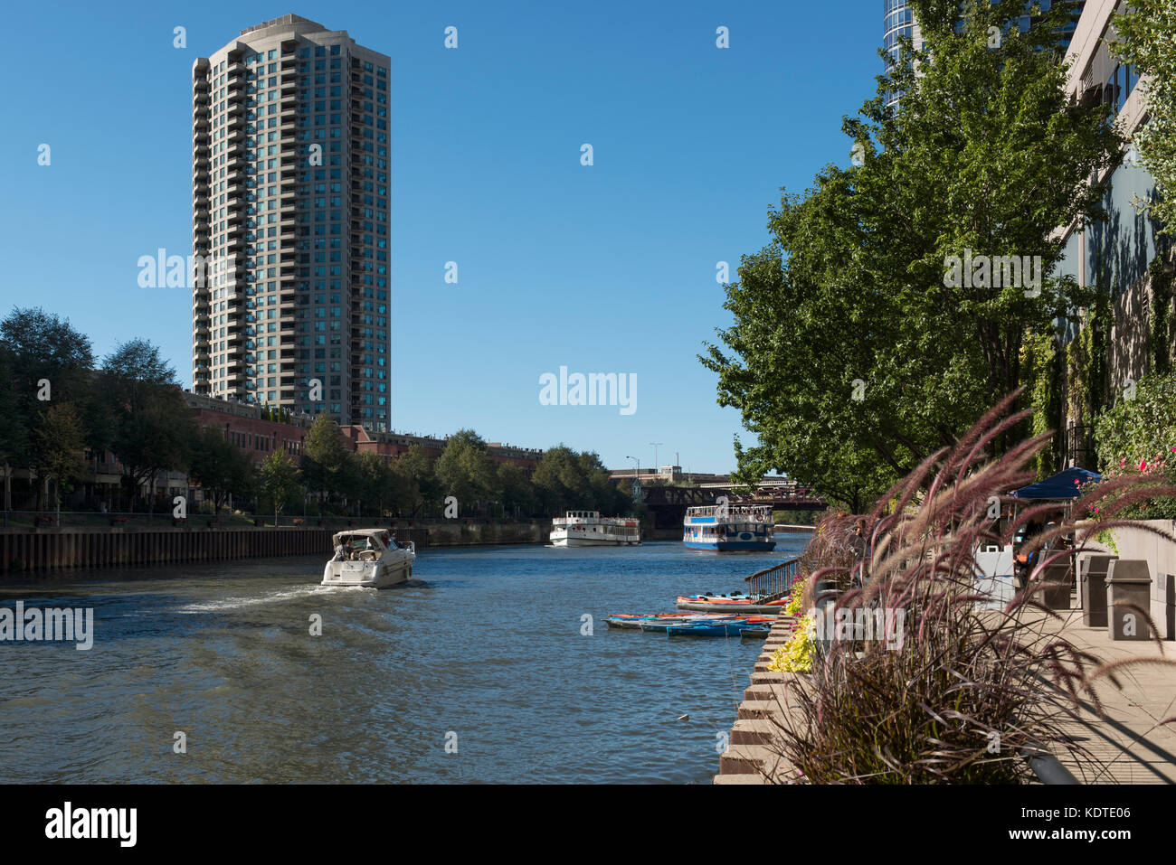 Privati e ai prodotti commerciali barche galleggiare sul ramo nord del fiume Chicago. Foto Stock