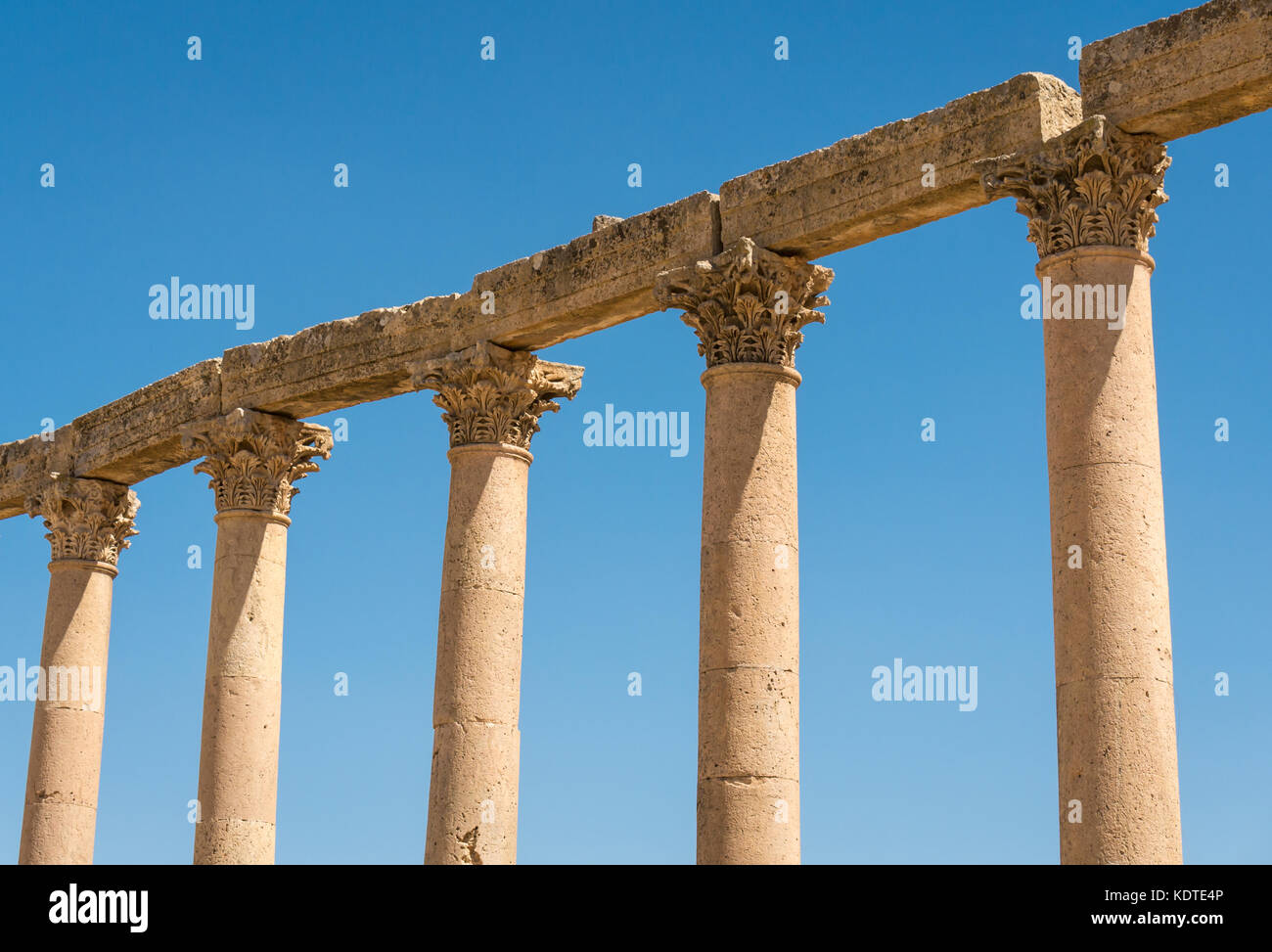 Colonne corinzie lungo il Cardo con foglie di acanto decorazione, città romana di Jerash, antica Gerasa, sito archeologico della Giordania, Medio Oriente Foto Stock