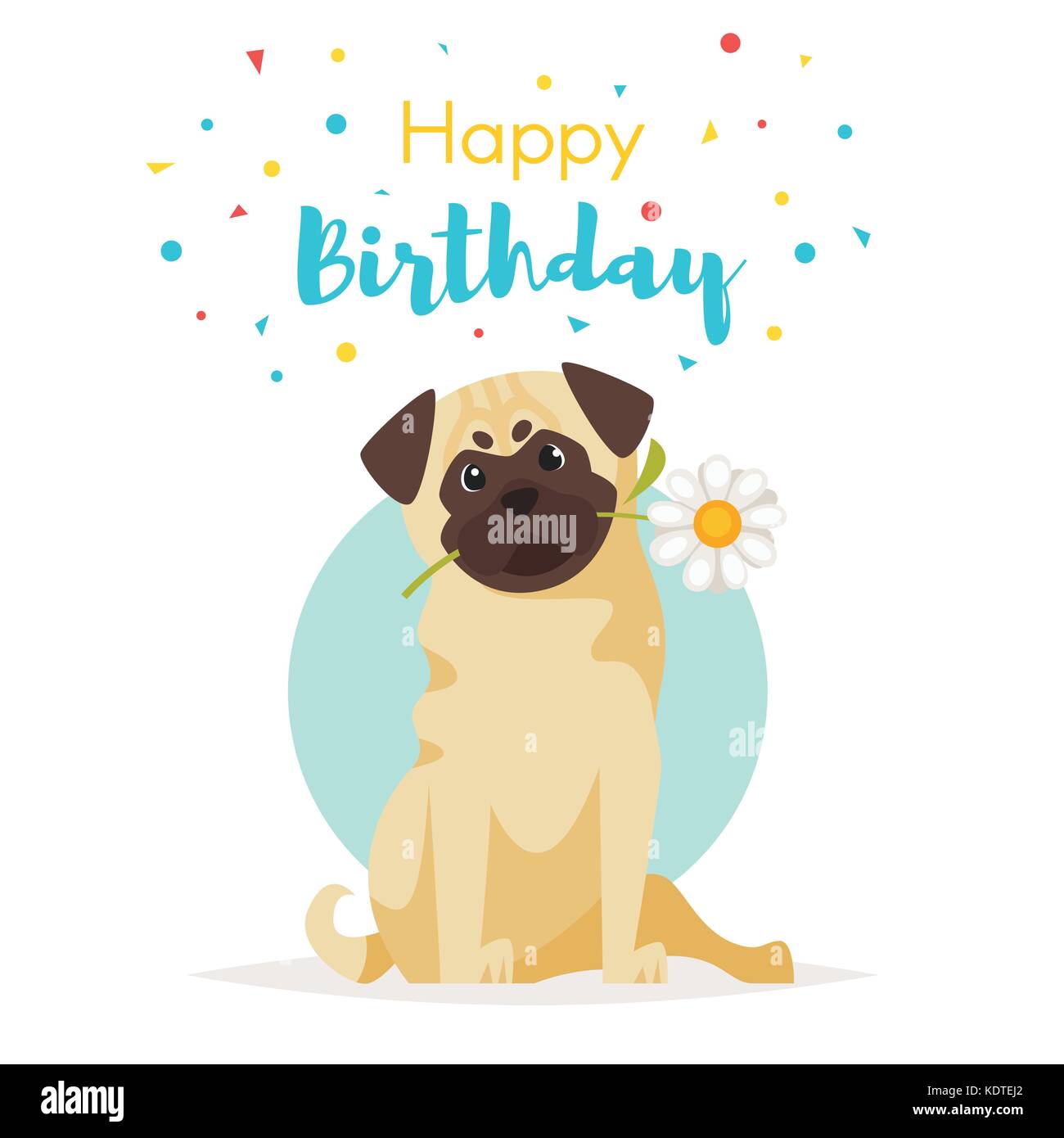 Vettore stile fumetto illustrazione del pug con fiore. isolato su sfondo bianco. modello per la stampa di cartoline. titolo "Buon compleanno". Illustrazione Vettoriale