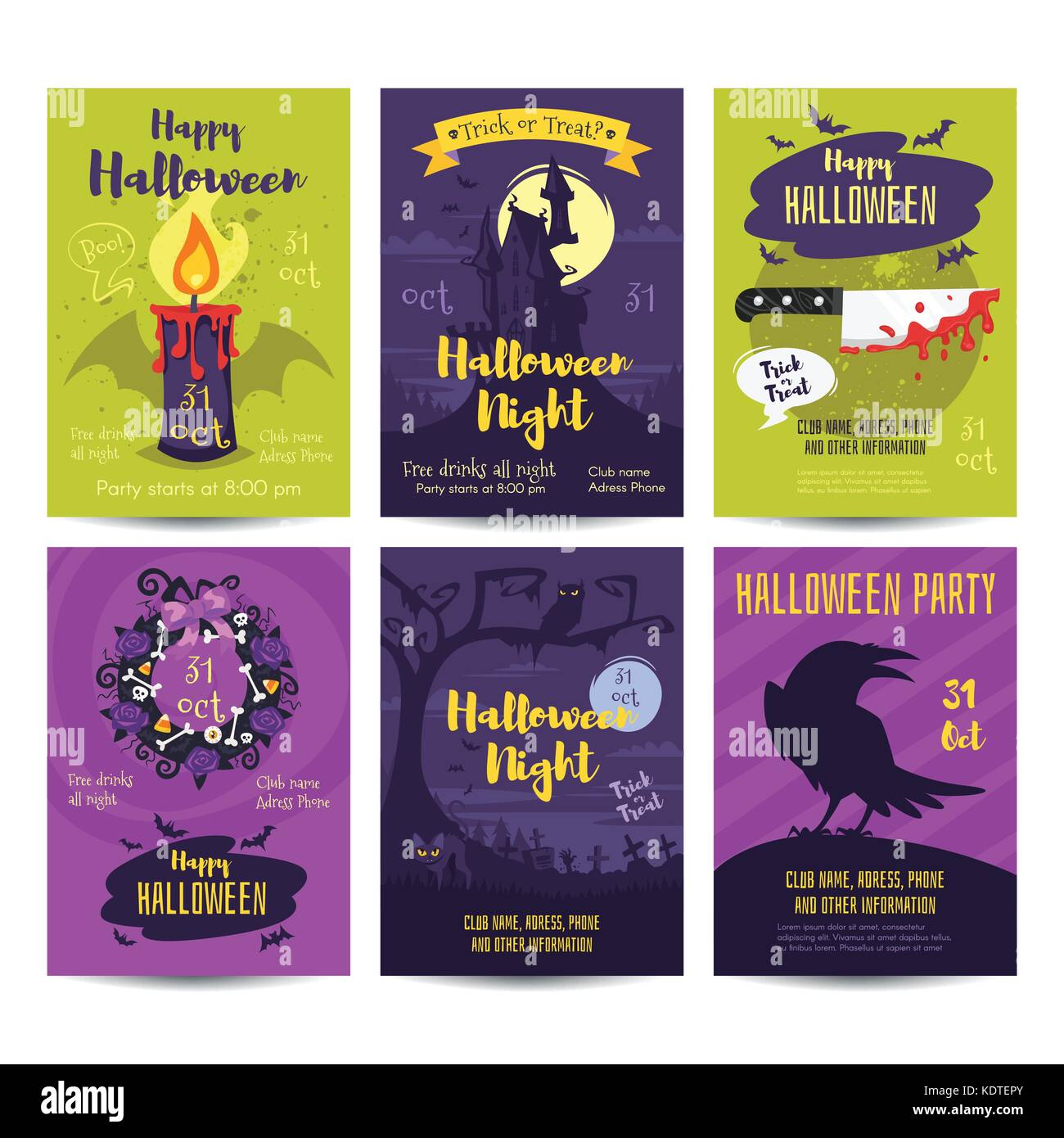 Vettore stile cartoon set di halloween poster modello di progettazione con i simboli per le vacanze. Illustrazione Vettoriale