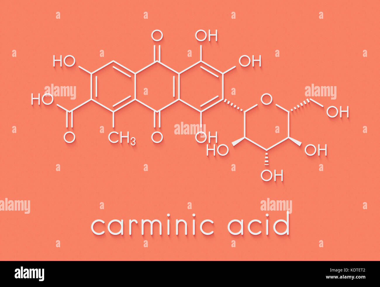Acido carminic molecola di pigmento. avviene naturalmente con la cocciniglia (scala insetto). formula scheletrico. Foto Stock