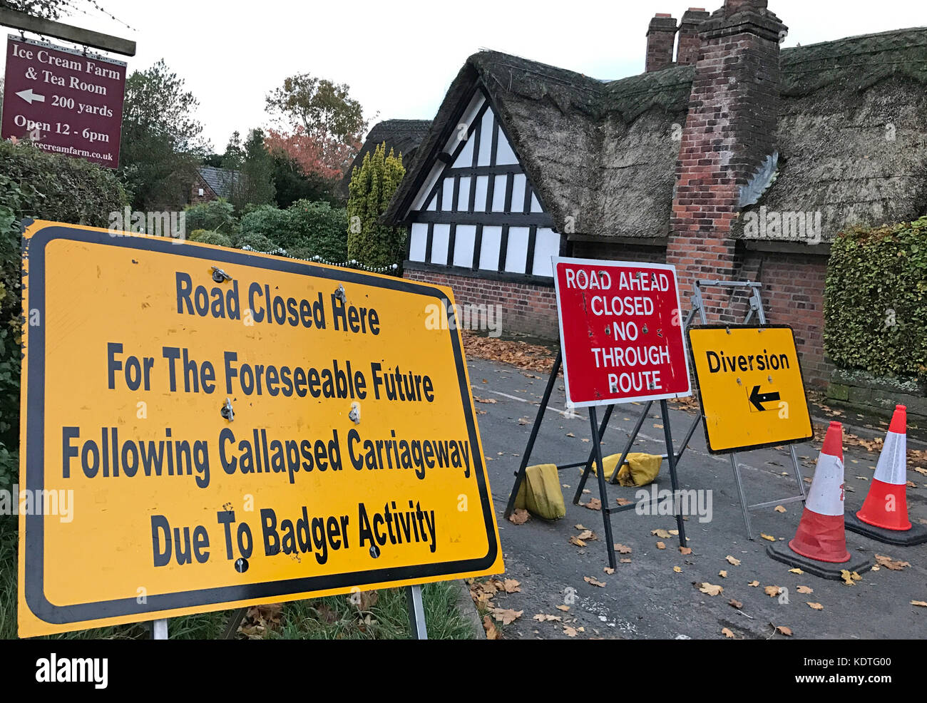 Strada chiusa a causa di Badger danni Foto Stock