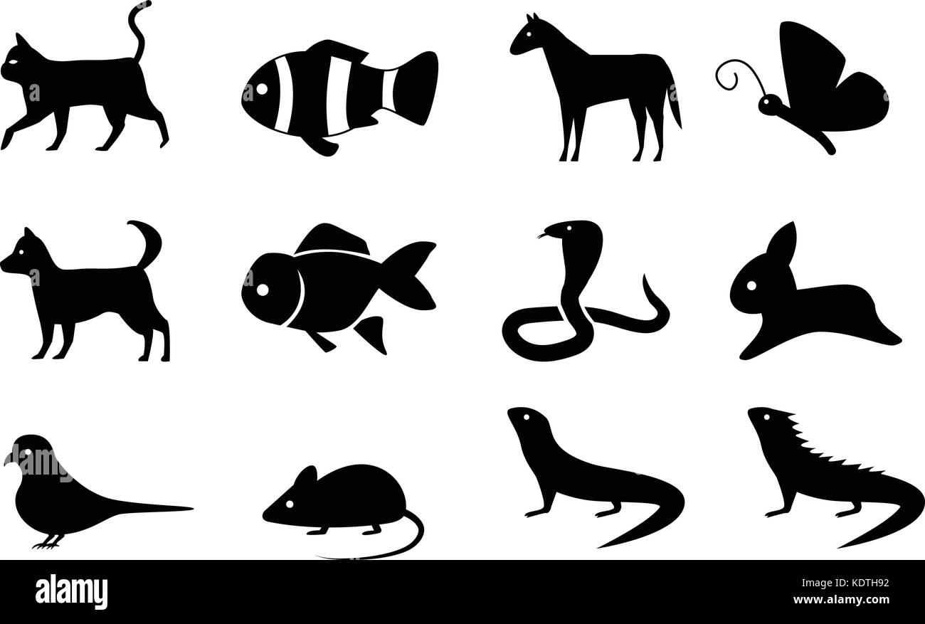 Set di icone di animali in stile silhouette, disegno vettoriale Illustrazione Vettoriale