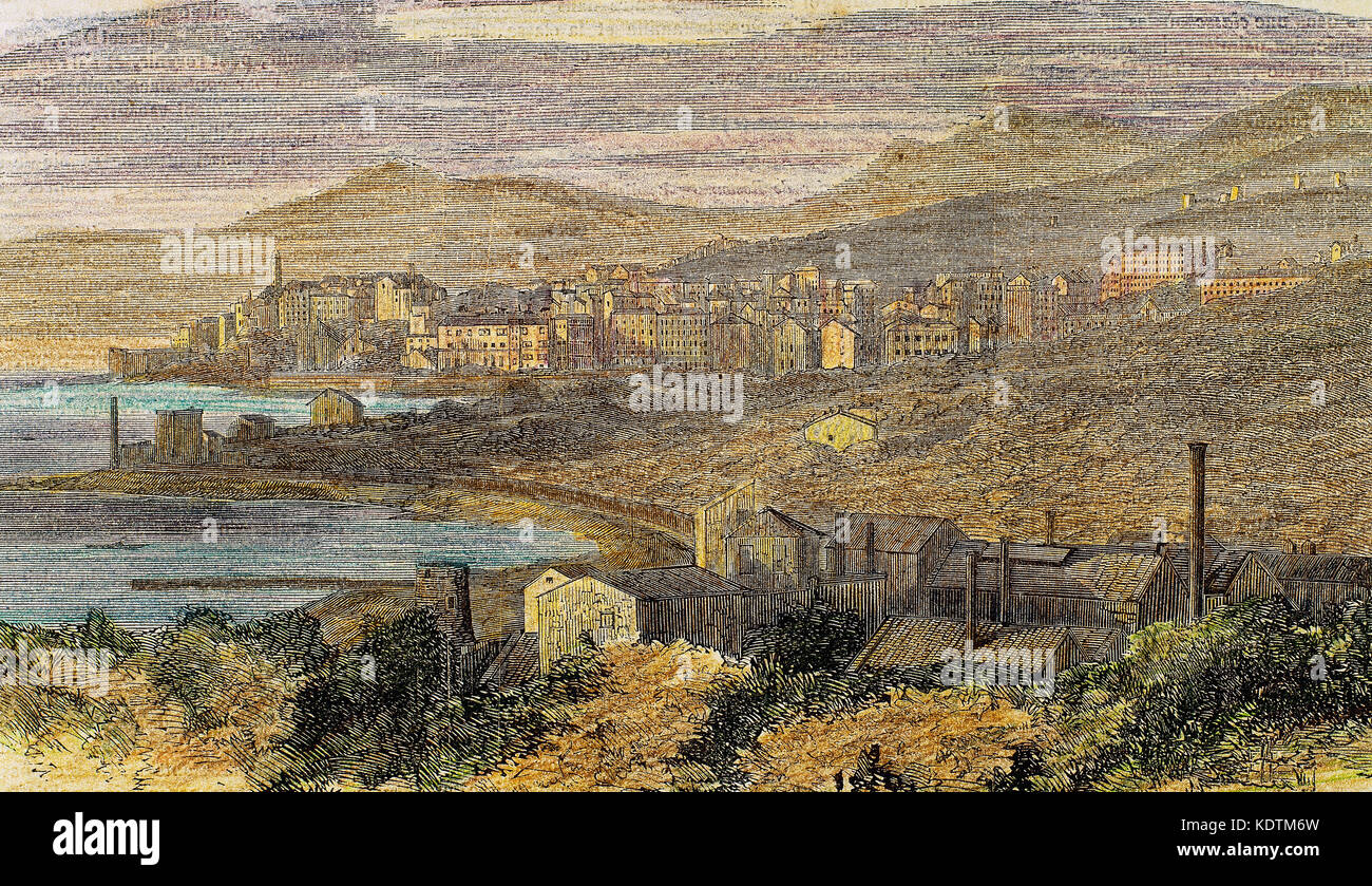 La Francia. La Corsica. Bastia. Paesaggio urbano nel 1857. Incisione colorata. Foto Stock