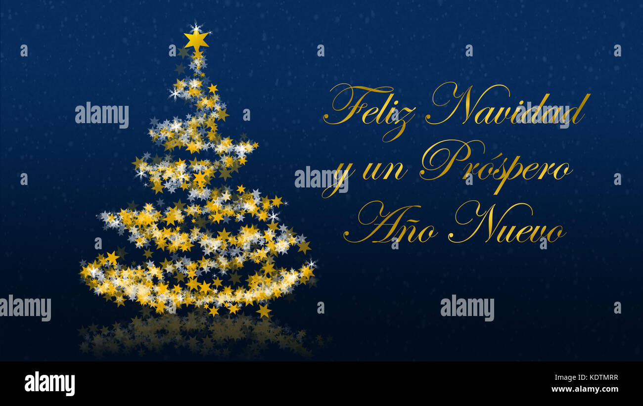 Buon Natale Spagnolo.Albero Di Natale Con Stelle Scintillanti Su Sfondo Blu Con I Migliori Auguri Di Buon Natale Versione Spagnola Parte Di Una Serie Multilingue Foto Stock Alamy