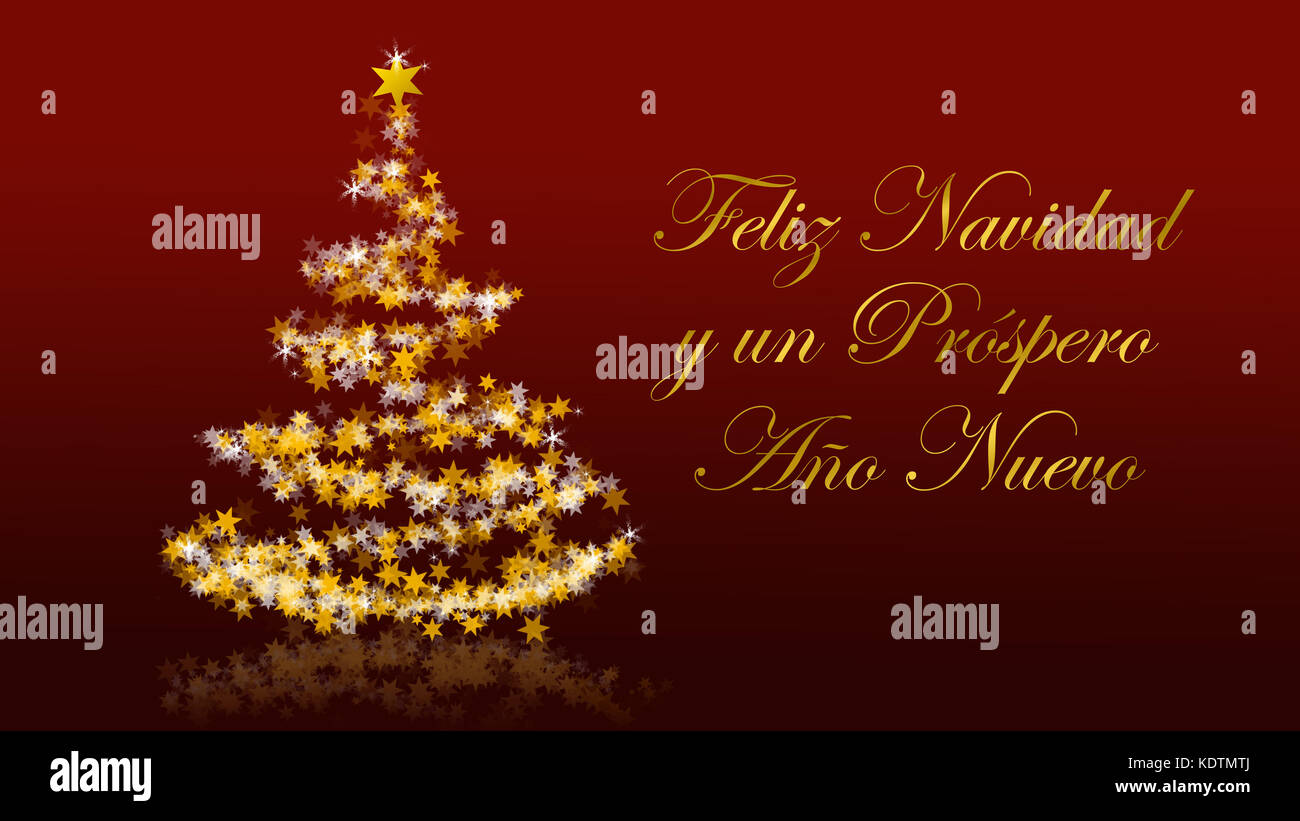 Auguri Di Natale Con Foto.Albero Di Natale Con Stelle Scintillanti Su Sfondo Rosso Con I Migliori Auguri Di Buon Natale Versione Spagnola Parte Di Una Serie Multilingue Foto Stock Alamy