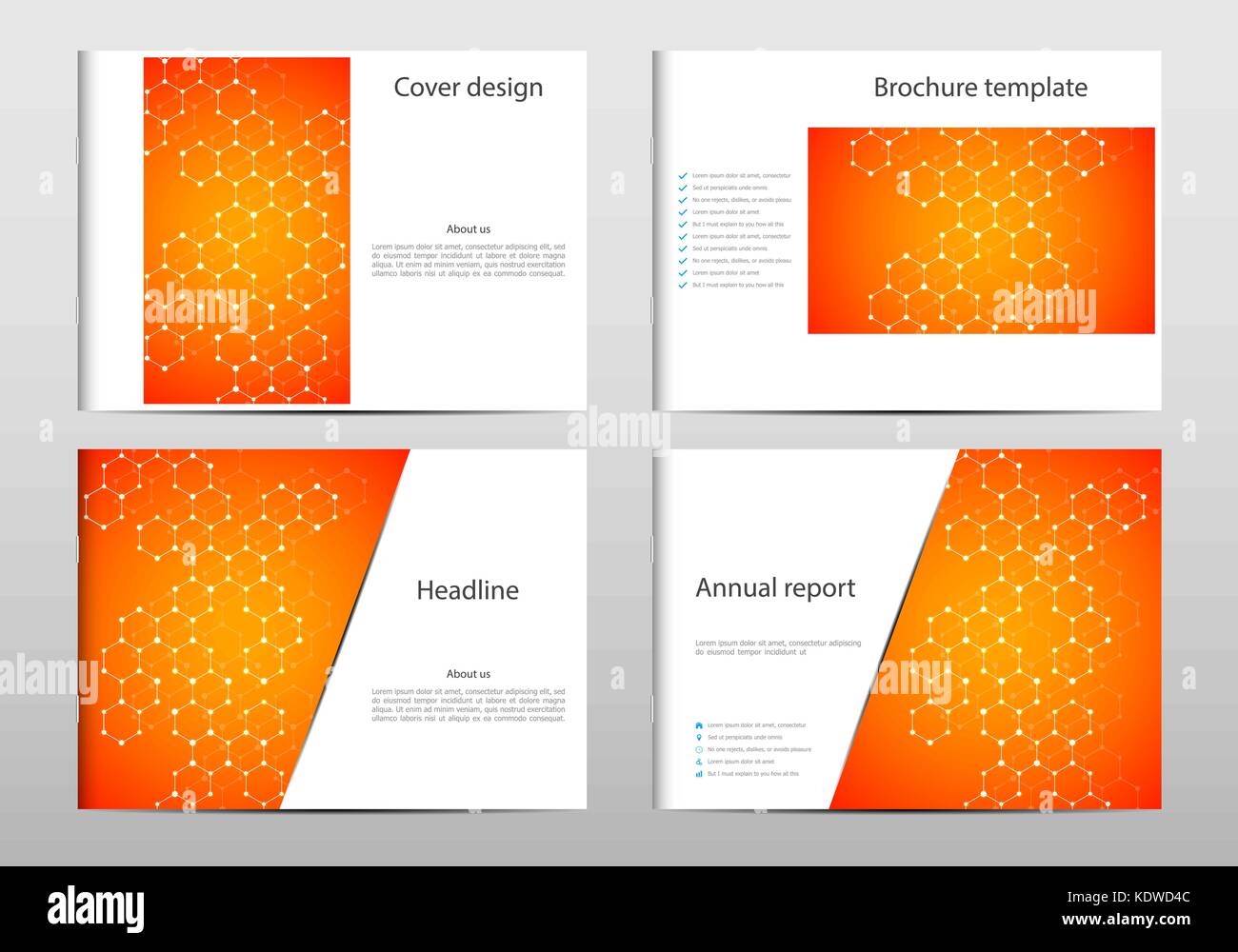 Rettangolo modello brochure formato, coperchio, relazione annuale, rivista in formato A4 con esagono grafica. Astratta geometrica dello sfondo. Scientifico e Tecnologico di concetto. Illustrazione Vettoriale. Illustrazione Vettoriale