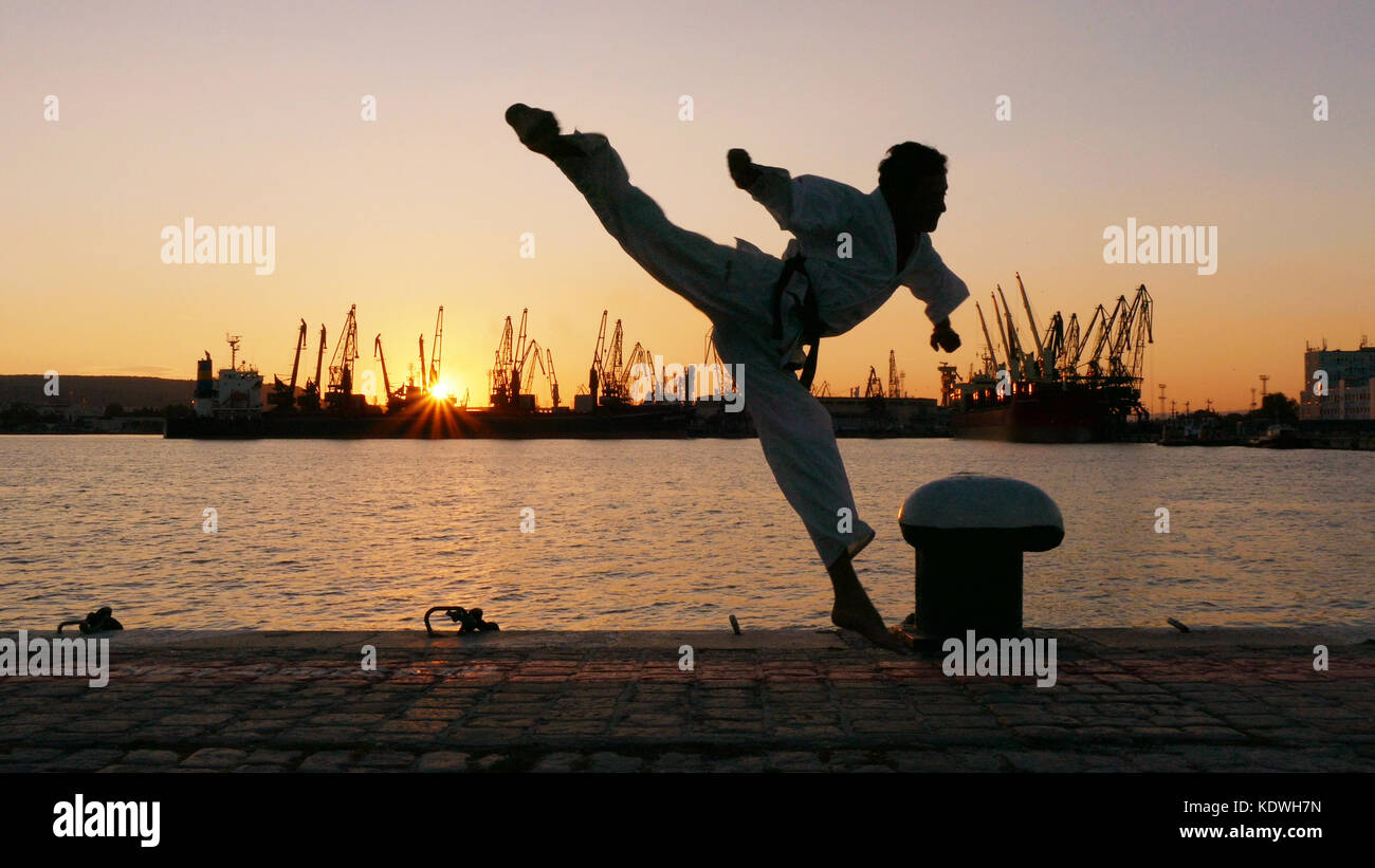 Arti marziali training da soli sul molo sul mare, mettere in pratica i suoi si sposta sul tramonto e gru portuali sfondo. vedere il mio portfolio per ulteriori opzioni. Foto Stock