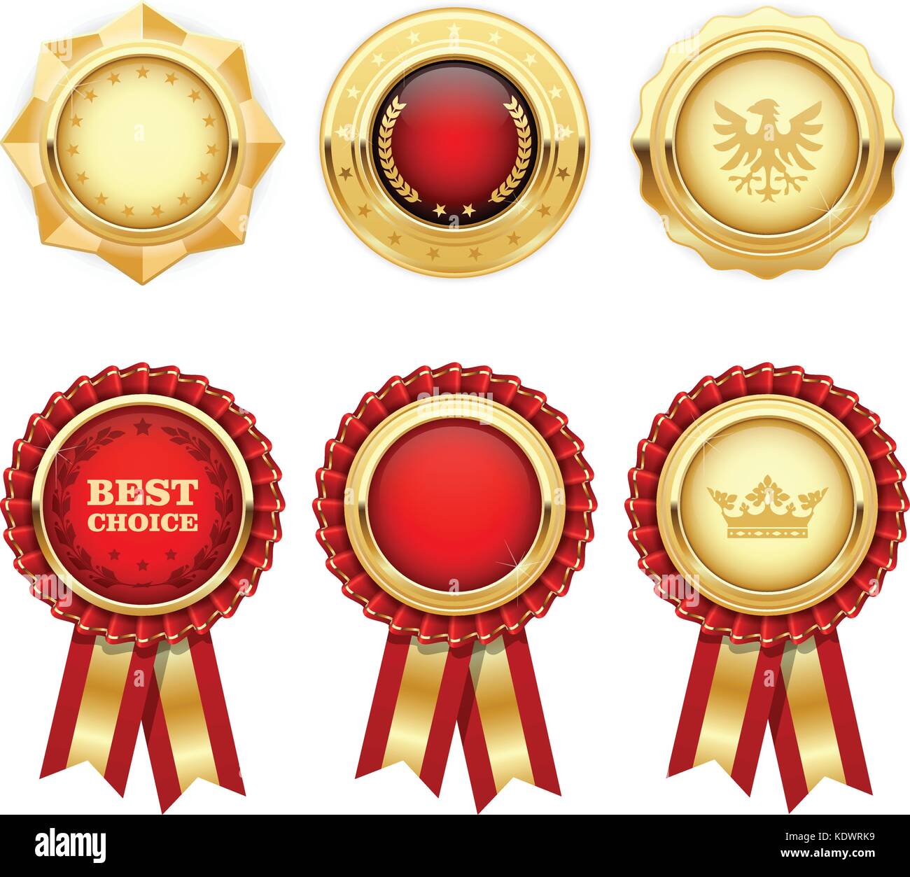 Premio red rosette e araldico oro medaglie e insegne Illustrazione Vettoriale