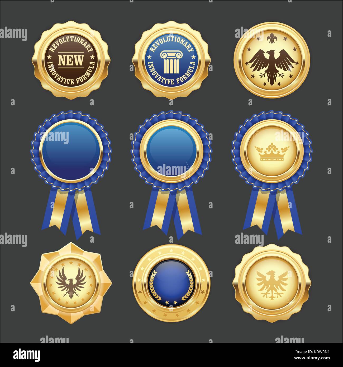 Premio blu rosette, stemma araldico e medaglie Illustrazione Vettoriale