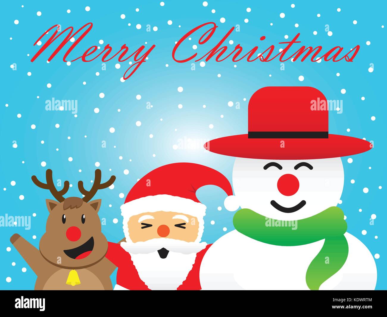 Buon Natale, tre compagni, carino di renne, paffuto santa claus, e paffuto pupazzo di neve è in piedi insieme allegramente tra la neve su sfondo blu Illustrazione Vettoriale